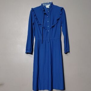 Chipper California Blue Faux Pearl Button Dress W Neck Tie & Waist Belt Approx S